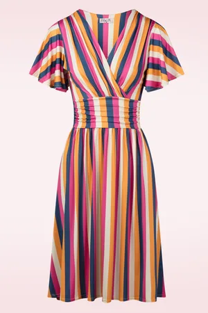 Vintage Chic Sadie Stripes swing jurk in mosterdgeel en multi