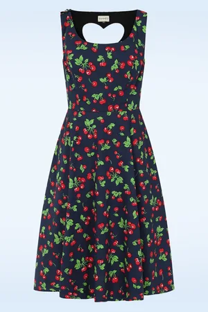 Banned Retro Nora Heart Cherry swing jurk in marineblauw