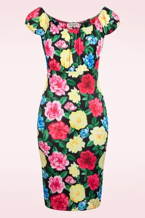 Vintage Chic Ivy pencil jurk met bloemen in zwart en multi