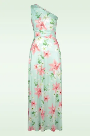 Vintage Chic Olga Flowers One Shoulder maxi jurk in mint