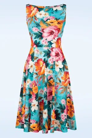 Vintage Chic Cindi Bouquet swing jurk in blauw en multi