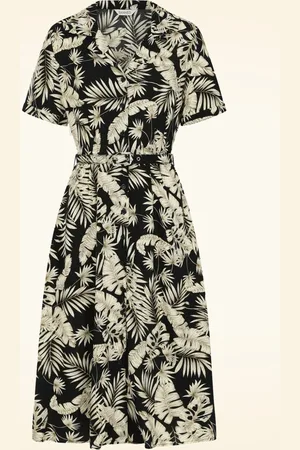 Banned Retro Yvette Palm Leaves jurk in zwart en zacht geel