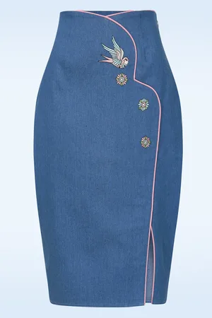 Banned Retro Millie Swallow pencil rok in denimblauw