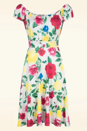 Vintage Chic Scarlet Floral swing jurk in wit en multi