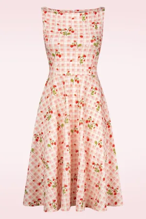 Vintage Chic Cindi Strawberry Gingham swing jurk in gebroken wit en roze