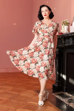 Vintage Chic Irene Floral overslag swing jurk in crème en roze