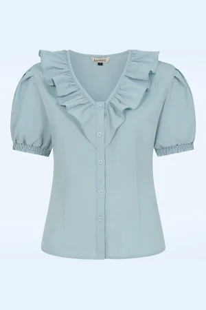 Banned Retro Madeline Ruffle blouse in pastel blauw