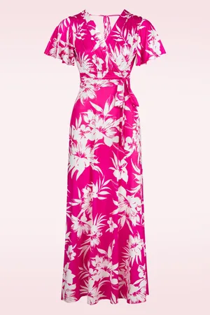 Vintage Chic Malia Tropical maxi jurk in wit en fuchsia