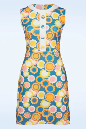 Vintage Chic Daisy Flower jurk in blauw en multi