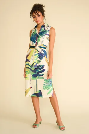 K-design Lillian Leave Print midi jurk in crème en groen