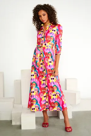 K-design Face Me Button Down maxi jurk in roze en multi