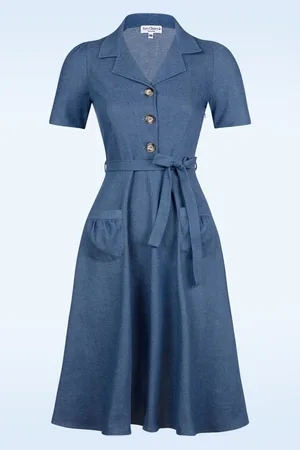 Very Cherry Revers Denim midi jurk in indigo