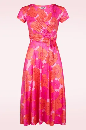 Vintage Chic Andi Floral swing jurk in roze en oranje