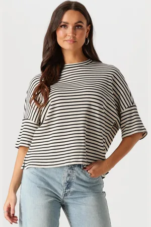 Summum Woman T-Shirt Dames Boxy Top Stripe Waffle