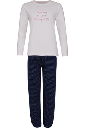 by Louise Dames pyjama set lang katoen off white / donkerblauw gestipt