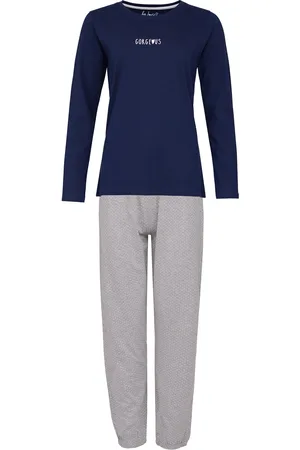 by Louise Dames pyjama set lang katoen donkerblauw / grijs gestipt
