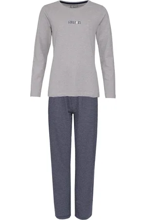 by Louise Dames pyjama set lang katoen grijs / donkerblauw gestreept