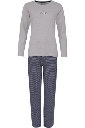 by Louise Dames pyjama set lang katoen grijs / donkerblauw gestreept