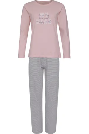 by Louise Dames pyjama set lang katoen roze / grijs gestreept