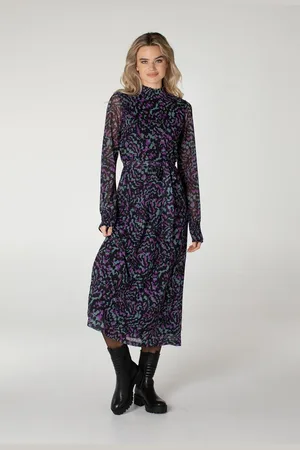 Jansen Amsterdam Dianne midi-jurk met abstract dessin en smockdetails multi colour