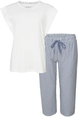 by Louise Dames capri korte pyjama set wit/blauw gestreept