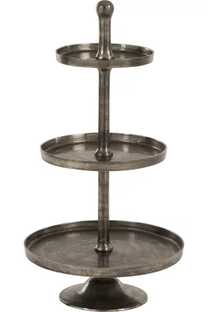 J-line Plateau op voet 3 niveaus rond aluminium antiek