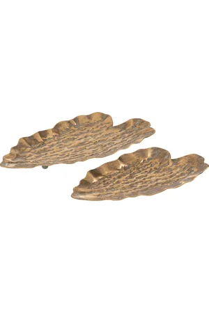 J-line Set van 2 plateau bladeren metaal 54x26x5cm