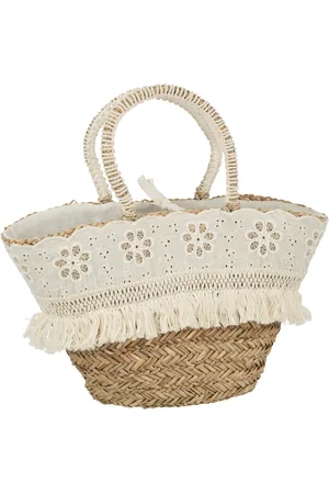 J-line Strandtas bloemen+franjes zeegras nat/creme 59x16x30cm