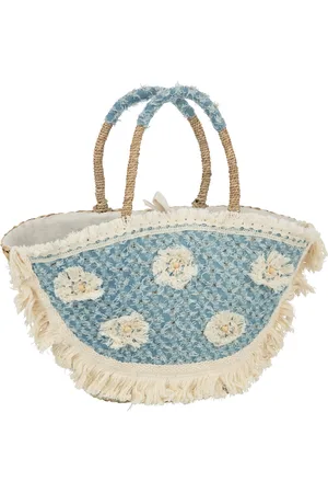 J-line Strandtas bloemen+franjes denim zeegras nat/blauw 59x16x30cm