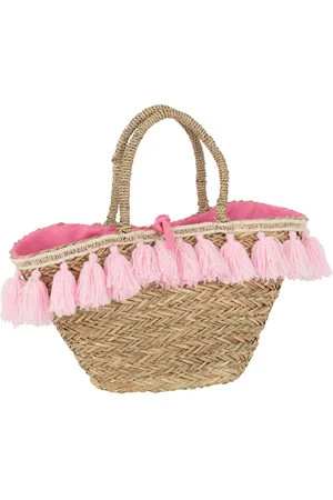 J-line Strandtas kwasten jute/textiel naturel/roze 50x22x50cm