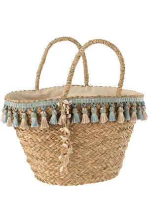 J-line Strandtas kwastjes blauw/beige riet 48x23x50cm