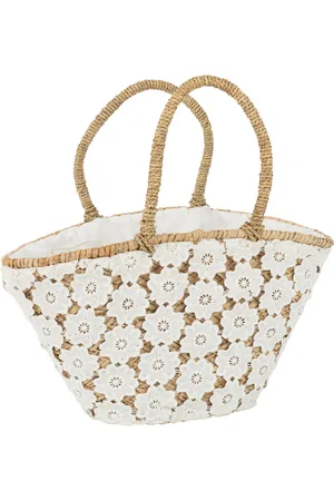 J-line Strandtas kant bloem patroon jute naturel/ 54x24x30cm