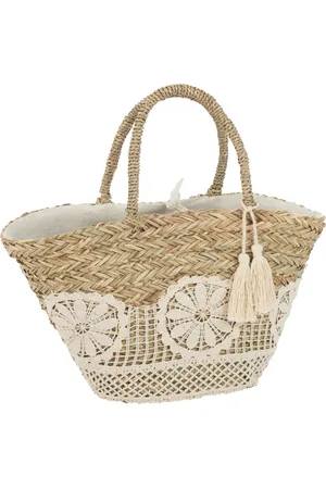 J-line Strandtas kant bloem+kwast jute /wit 50x19x52cm