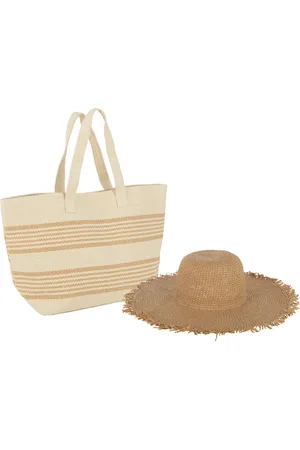 J-line Set van 2 strandtas strepen + hoed papier beige/lichtbruin 59x20x39cm