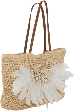 J-line Strandtas met schelpen/veren papier /wit 34x49x3cm