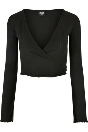 Urban classics Dames ribbed wrap crop top met lange mouwen