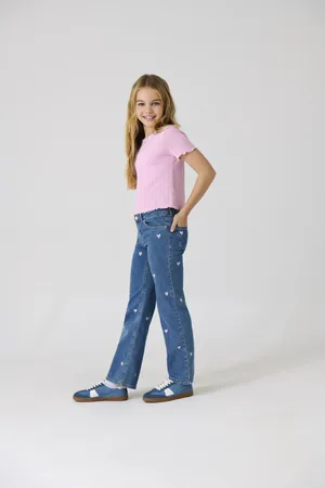 ONLY Kogjuicy wide leg heart emb jeans n blue denim