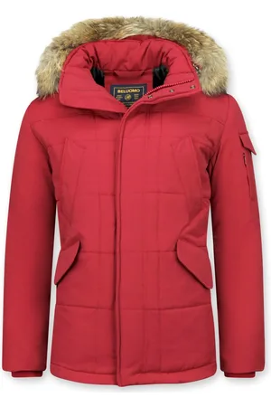 Beluomo Rode winterjas grote bontkraag parka