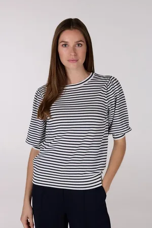 Jansen Amsterdam Kim top k 136 stripe short puffed sleeve offwhite- dark blue