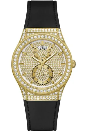 Guess Zwarte siliconen horloge met gouden wijzerplaat