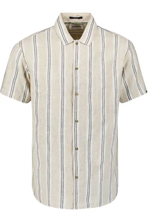 No Excess Shirt short lseeve bobby vertical stripe with linen zand dessin