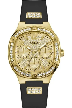 Guess Zwart siliconen horloge met gouden wijzerplaat