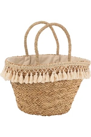 J-line Strandtas kwastjes wit riet 49x24x46cm