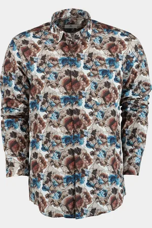 Bos Bright Blue Casual hemd lange mouw big brown flowers 21642/v01