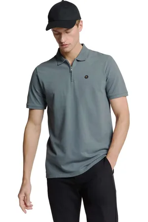 No Excess Polo zip pique garment dyed washed blue