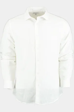Bos Bright Blue Casual hemd lange mouw linnen katoen shirt lm 42540015i/100 white