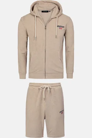 Wam Denim Avery Full Zipped Beige Hoodie Shorts Set-2XL