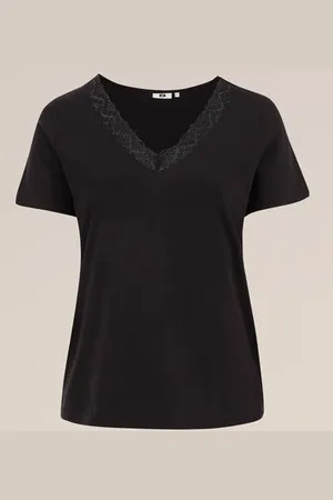 WE Fashion Dames T-shirt met kant - Curve - Regular fit - - Biologisch katoen - Plus Size