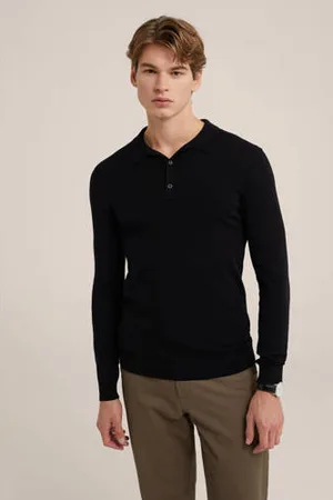 WE Fashion WE Fundamentals regular polo fijn gebreid zwart