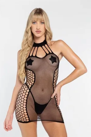 Christine le Duc Fishnet mini halterjurk Dania